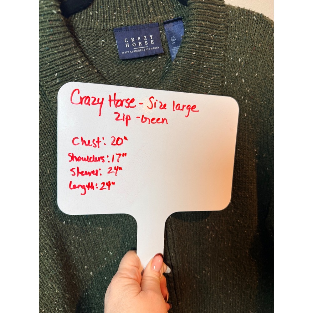 Crazy Horse Liz Claiborne Sweater Green Speckled Knit Zip‎ Up Collared  Size L - Picture 8 of 8